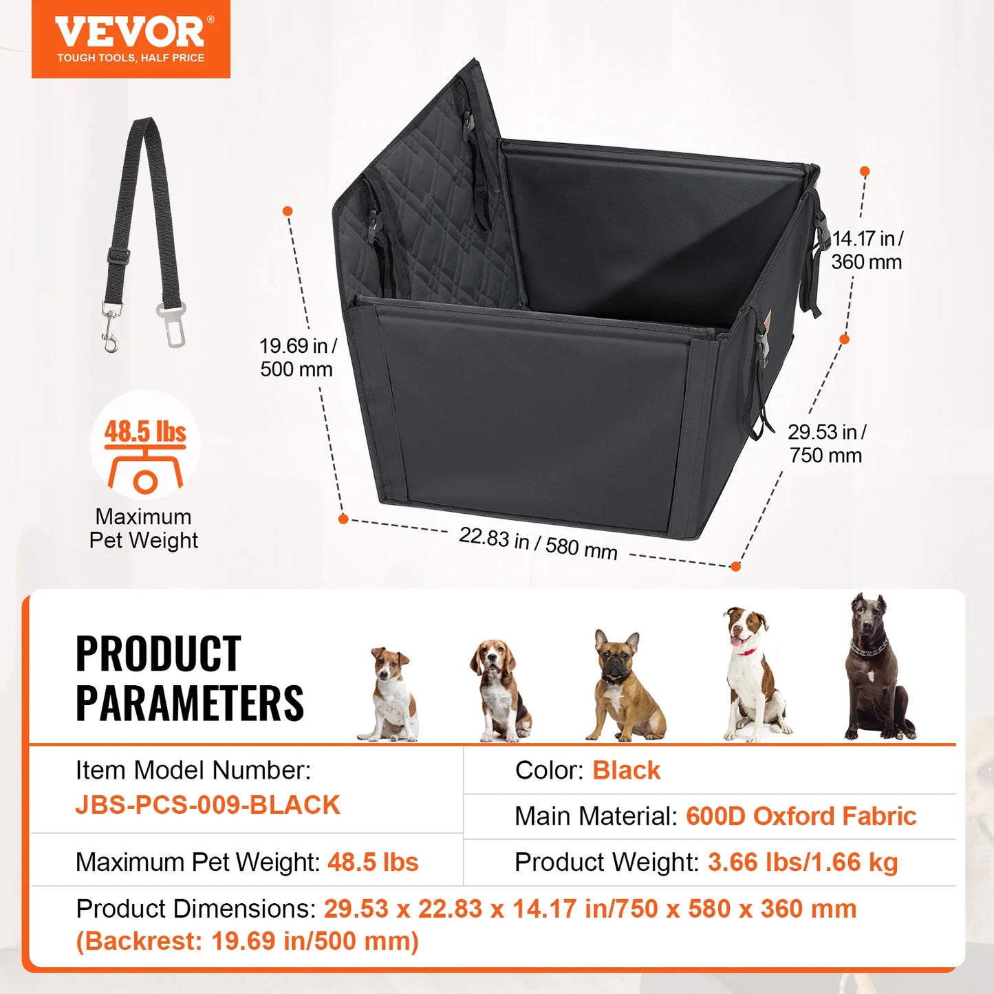 Dog Car Booster Seat | Sofa-Style | Waterproof | Clip-On Safety Leash | Up to 100lbs