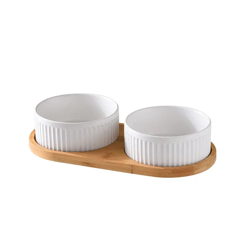 Nordic Ceramic Dog Bowl Set | Single, Double & Triple | Wooden Tray | 3 Colors | 400ml & 850ml
