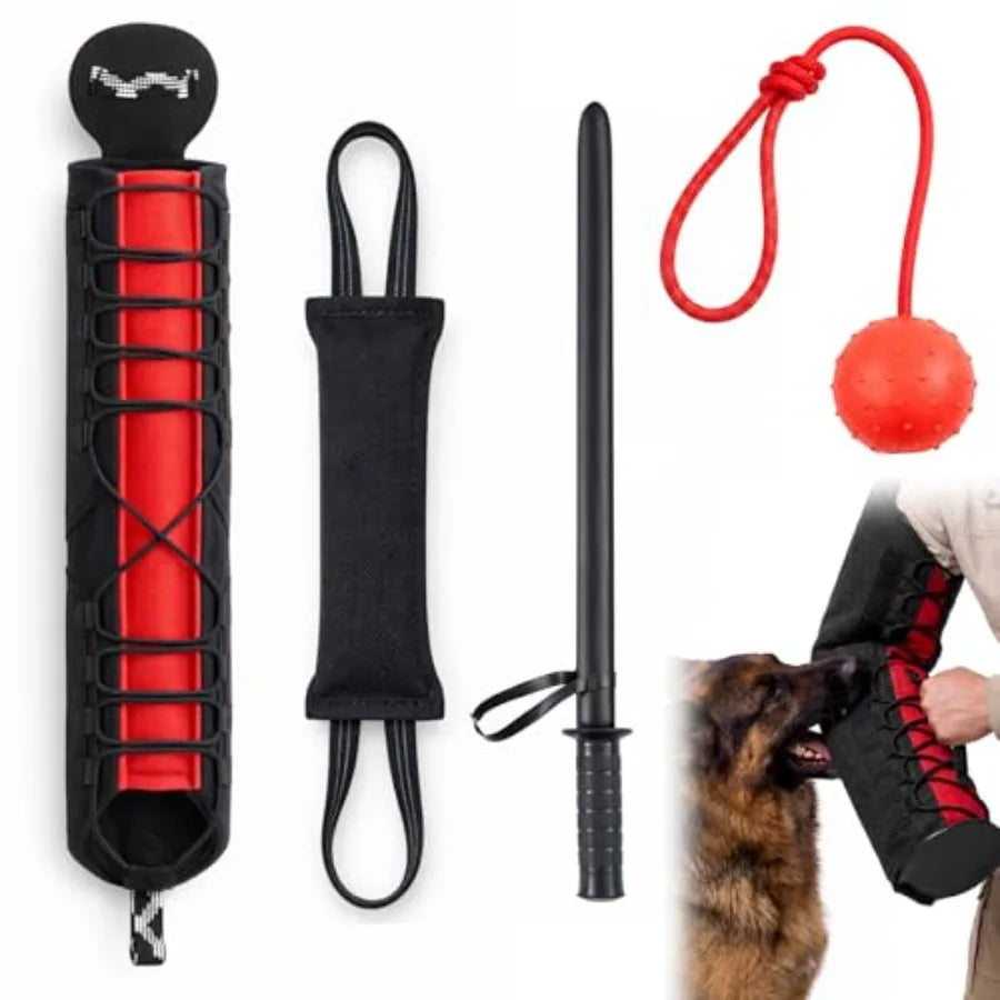 4-Piece Dog Training Kit | Bite Sleeve, Tug Toy, Training Stick & Rubber Ball | K9 & Large Dogs