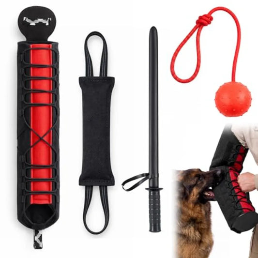 4-Piece Dog Training Kit | Bite Sleeve, Tug Toy, Training Stick & Rubber Ball | K9 & Large Dogs