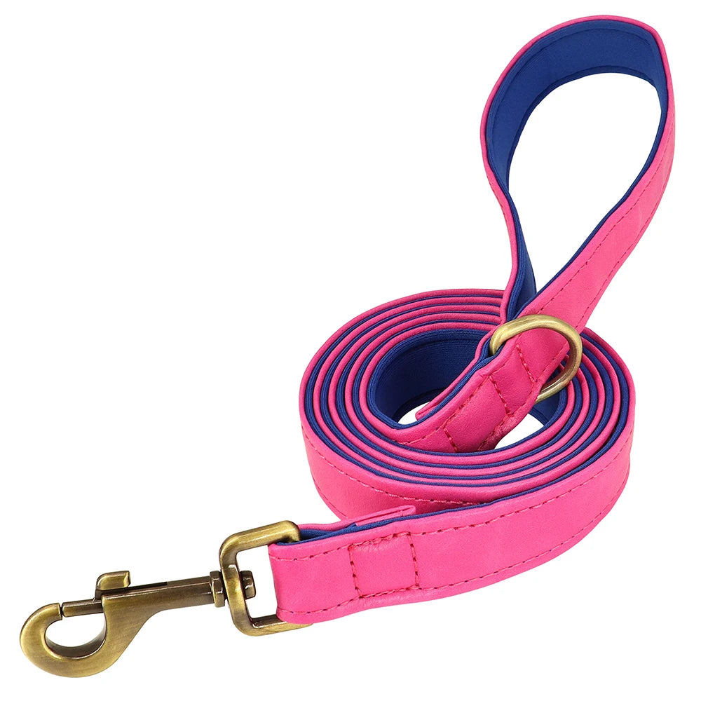 Personalized PU Leather Dog Collar & Leash Set — Soft Padded, Free Engraved Nameplate | XS–XL