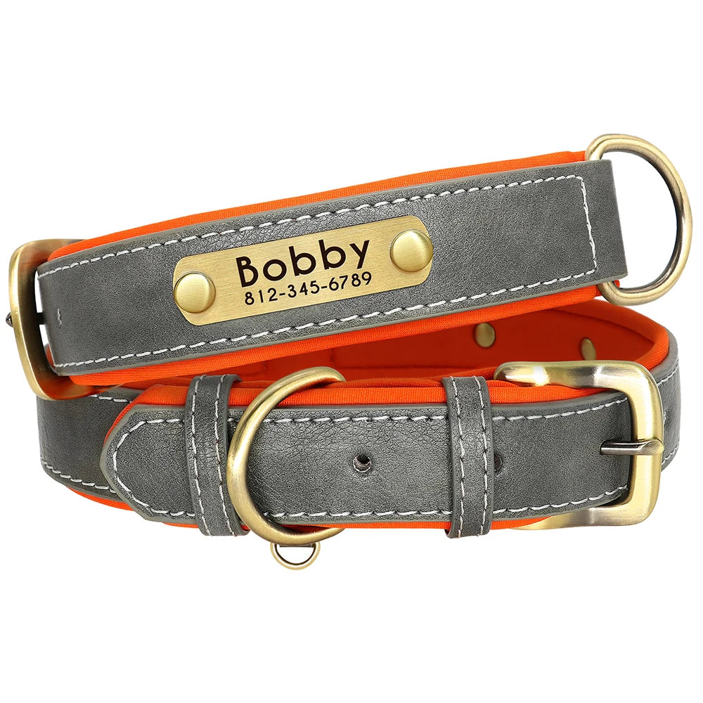 Personalized PU Leather Dog Collar & Leash Set — Soft Padded, Free Engraved Nameplate | XS–XL