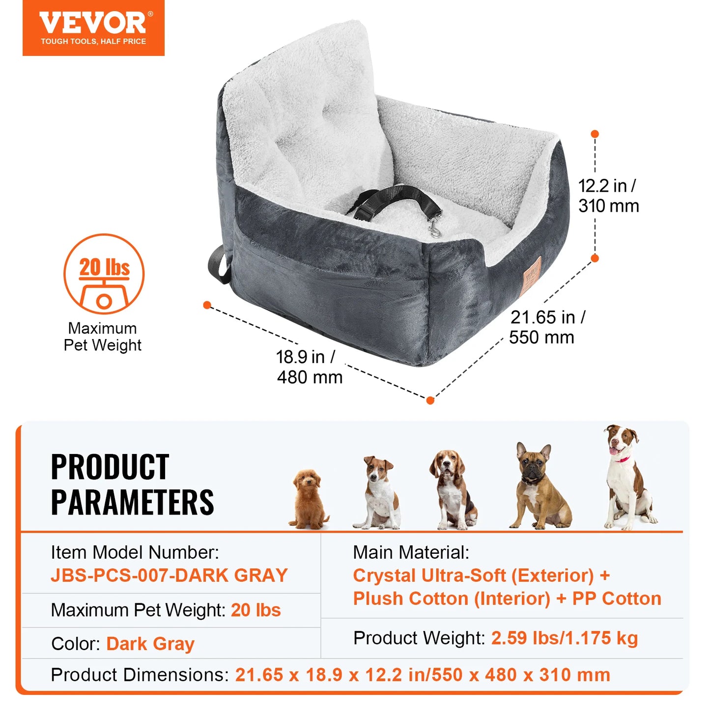 Dog Car Booster Seat | Sofa-Style | Waterproof | Clip-On Safety Leash | Up to 100lbs