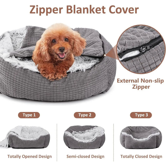 Hooded Cave Dog Bed | Orthopedic Rectangle Design | 35" | Machine Washable | Grey