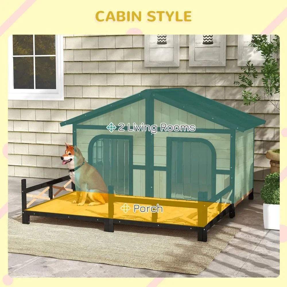 Outdoor Wooden Double Dog House with Porch & Elevated Floor | XL | Weatherproof