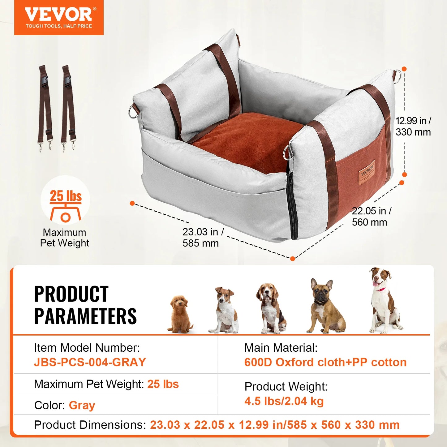 Dog Car Booster Seat | Sofa-Style | Waterproof | Clip-On Safety Leash | Up to 100lbs