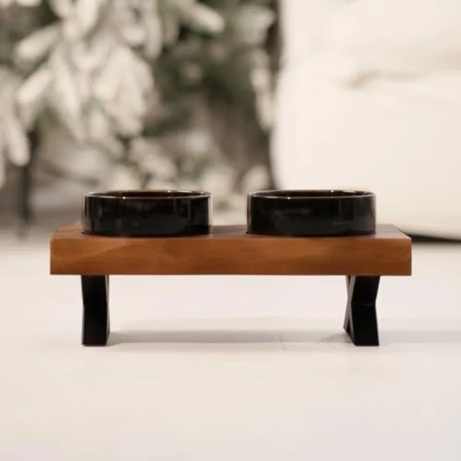 Raised Wooden Pet Feeding Station with Ceramic Bowls