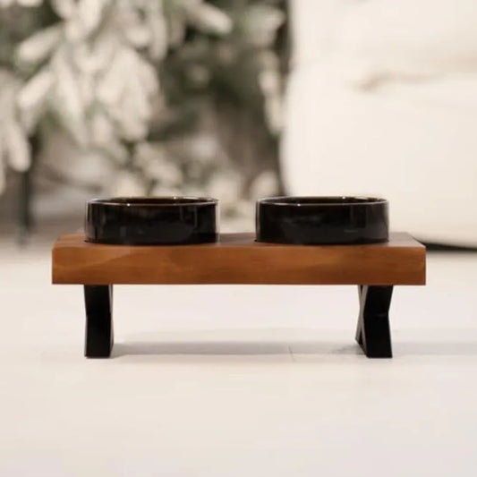 Elevated Dog Feeding Station | Solid Wood Stand with Ceramic Bowls