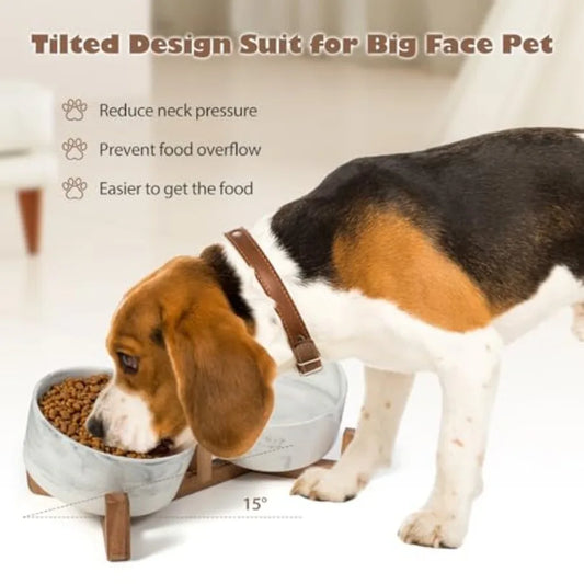 Marble Ceramic Dog Bowl Set with Wood Stand | 3.6-Cup | Food & Water | Medium Dogs