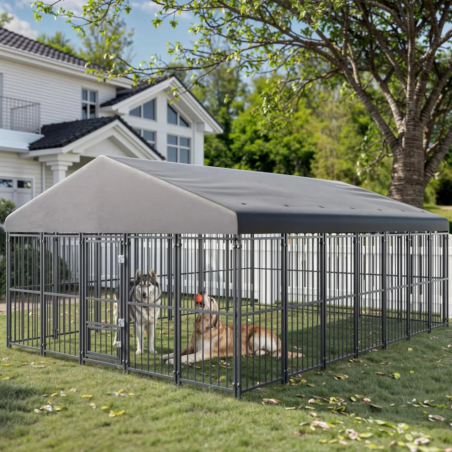 10×14 FT Large Outdoor Dog Kennel with Roof — Heavy Duty, Double Lock Door & Feeding Door