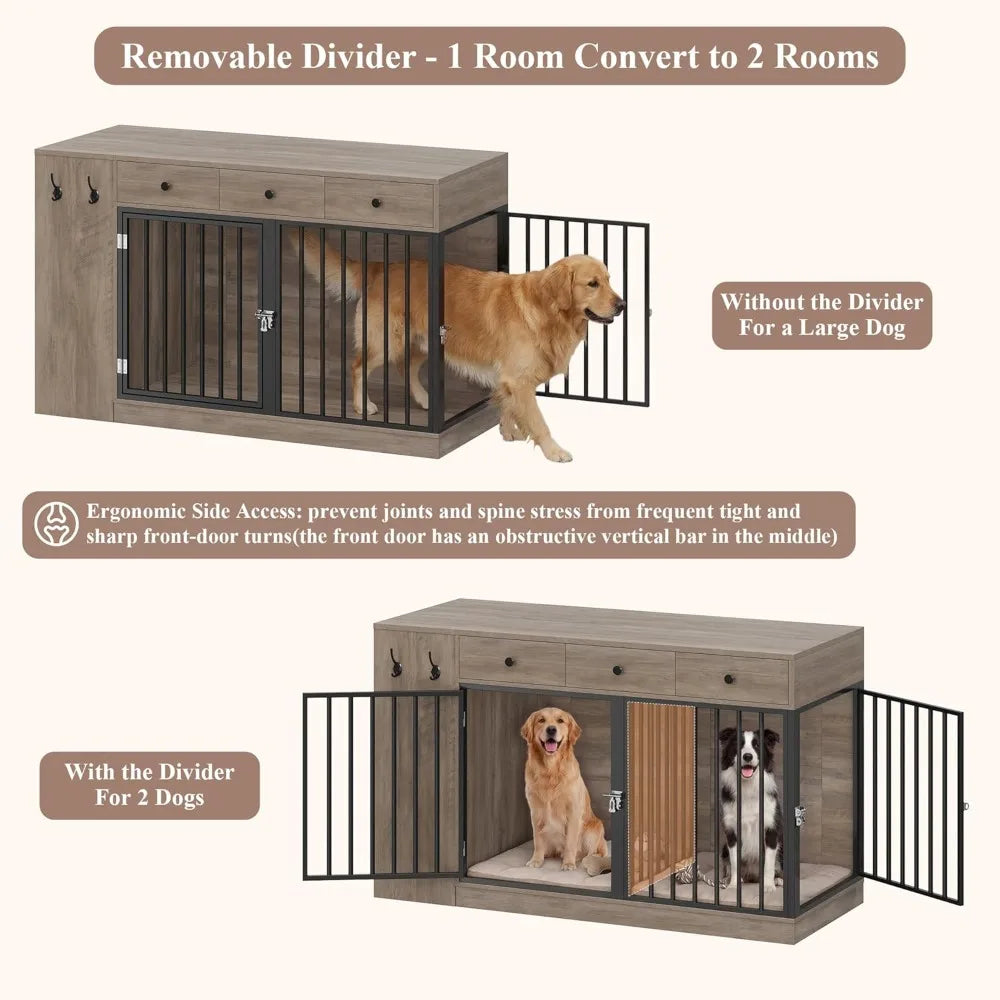 Dog Crate Furniture with Storage Drawers & Side Cabinet — Single/Double Indoor Kennel