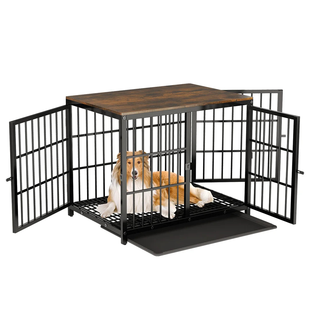 Wooden Dog Crate Black Metal Pet Furniture White Dog Cage End Table, 3 Doors & Removable Tray, for Small/Medium/Large Dogs