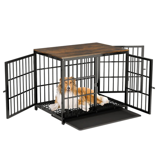 Wooden Dog Crate Black Metal Pet Furniture White Dog Cage End Table, 3 Doors & Removable Tray, for Small/Medium/Large Dogs