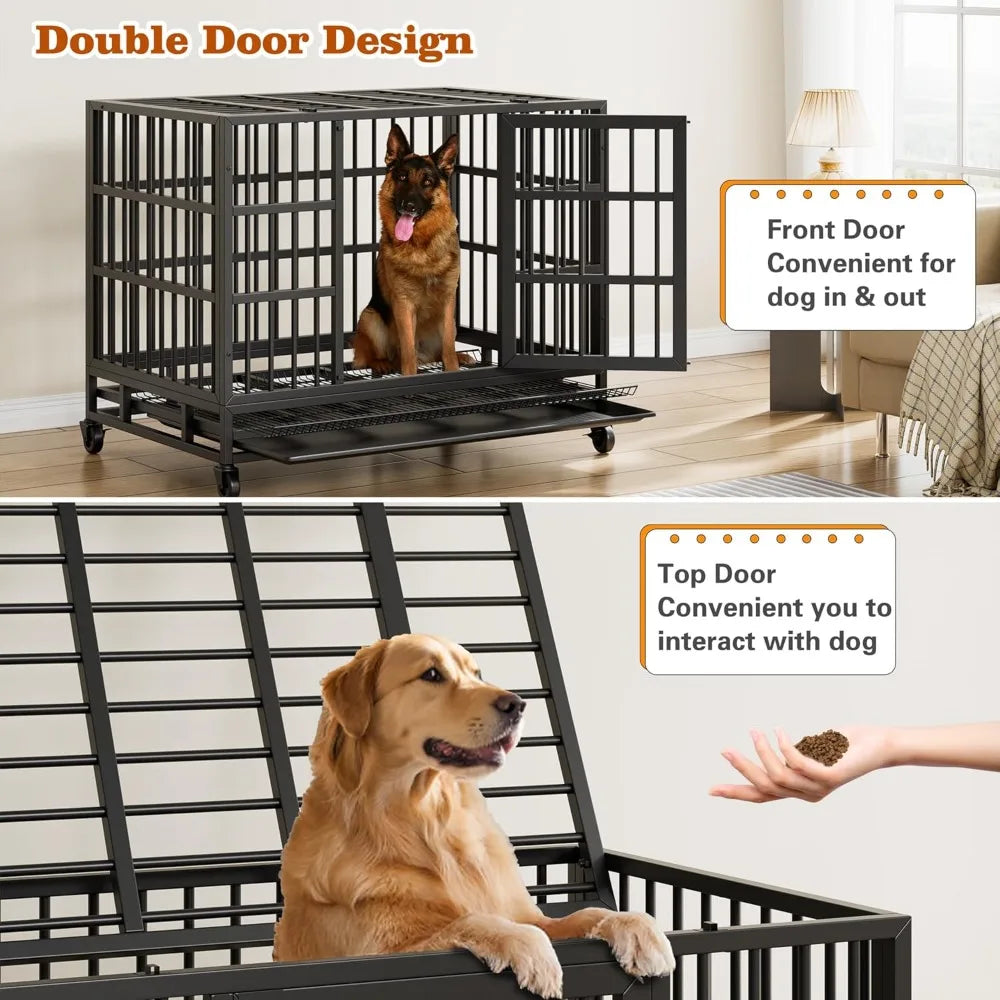 Heavy Duty Indestructible Dog Crate, Escape Proof Dog Cage Kennel with Lockable Wheels,High Anxiety Double Doo Dog，Customized