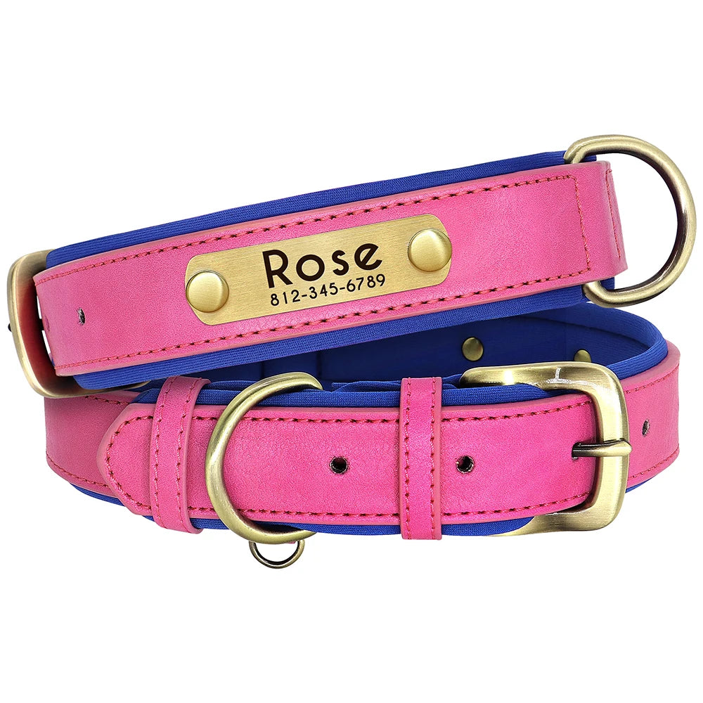 Personalized PU Leather Dog Collar & Leash Set — Soft Padded, Free Engraved Nameplate | XS–XL