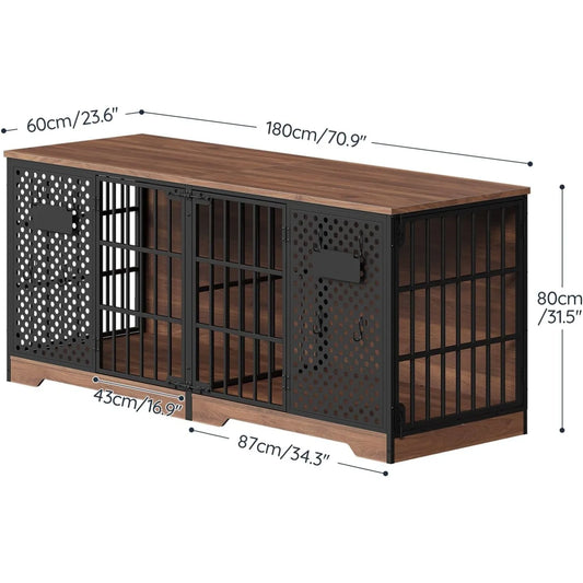 71" Double Dog Crate Furniture — Removable Divider, Pegboard & TV Stand | For 2 Dogs or Large Breeds
