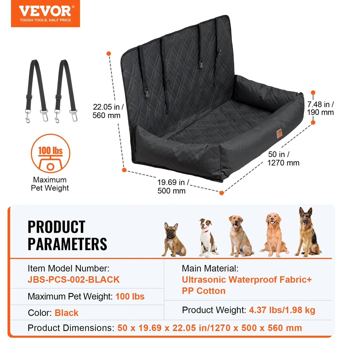 Dog Car Booster Seat | Sofa-Style | Waterproof | Clip-On Safety Leash | Up to 100lbs