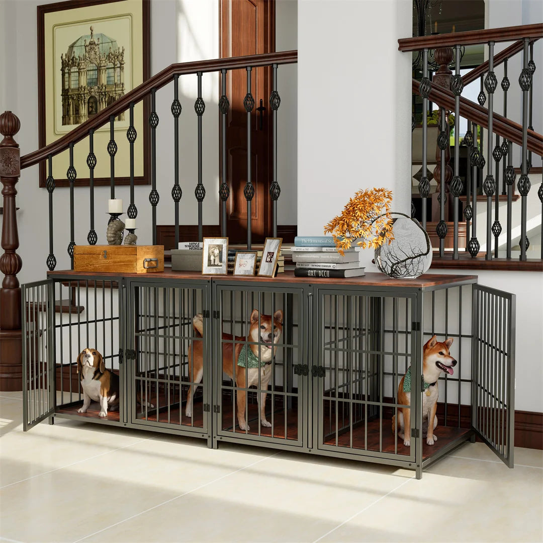 Furniture-Style Wooden Dog Crate | Side Table | 4 Doors | Holds 110lbs | Black & Dark Walnut