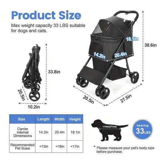 Enhanced, Reinforced, Emphasized 4-Wheel Pet Pushcarts for Small to Medium Dogs And Cats, Collapsible Dog And Cat Stroller, 3-Wh