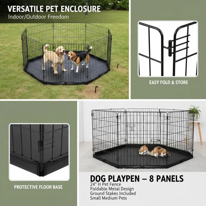 8-Panel Foldable Dog Playpen with Waterproof Bottom Pad — 24" H, Ground Stakes Included