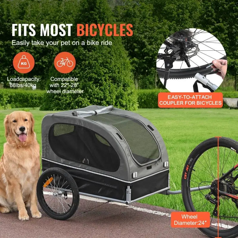Dog Bike Trailer, Supports up to 88 Lbs, Pet Cart Easy Folding Frame with Quick Release Wheels, Universal Coupler, Reflectors, F