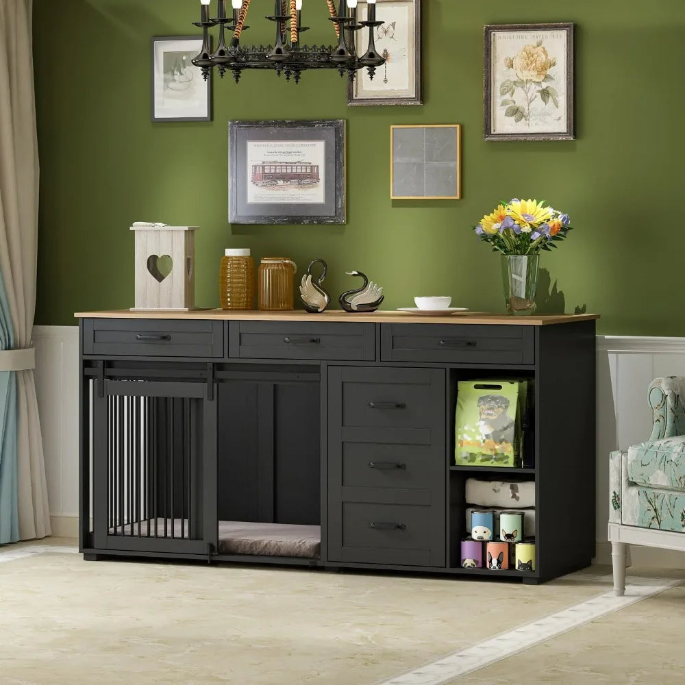 72.5" Dog Crate Furniture with TV Stand, Drawers & Shelves — Heavy Duty Indoor Kennel