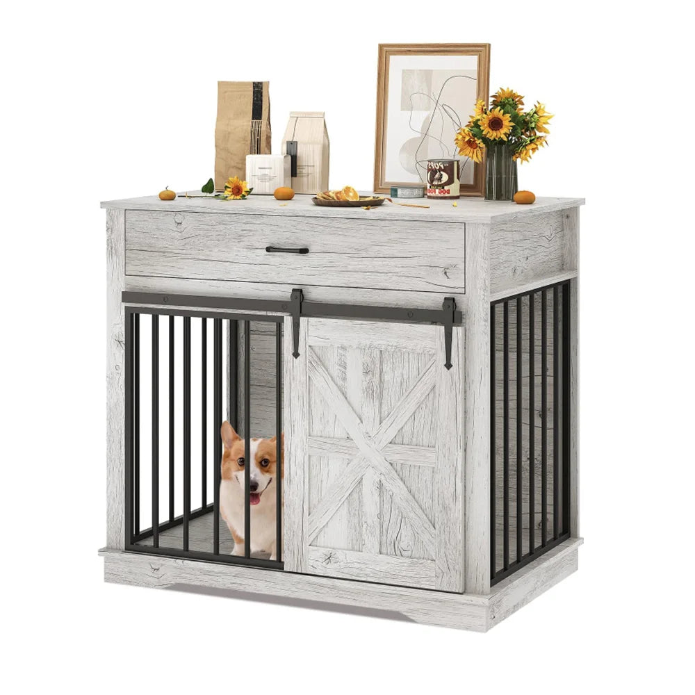 Farmhouse Dog Crate End Table — 37.8" with Sliding Barn Doors & Drawer | Grey, Brown, White