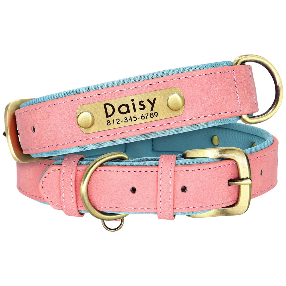 Personalized PU Leather Dog Collar & Leash Set — Soft Padded, Free Engraved Nameplate | XS–XL
