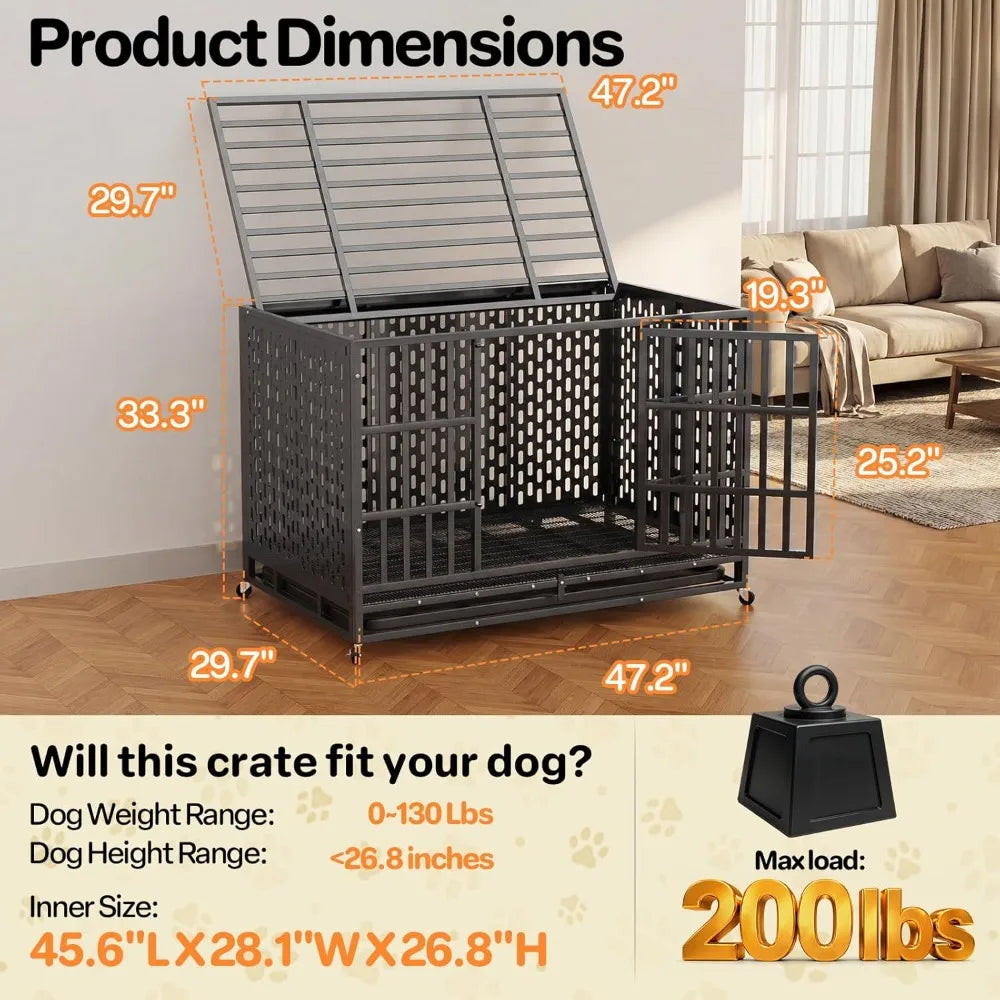 48 Inch Heavy Duty Indestructible Dog Crate Steel Escape Proof, Indoor Double Door High Cage, Kennel with Wheels,，Customized