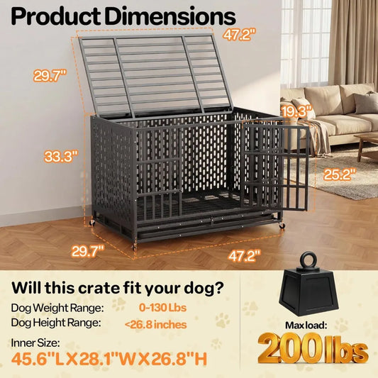 48 Inch Heavy Duty Indestructible Dog Crate Steel Escape Proof, Indoor Double Door High Cage, Kennel with Wheels,，Customized