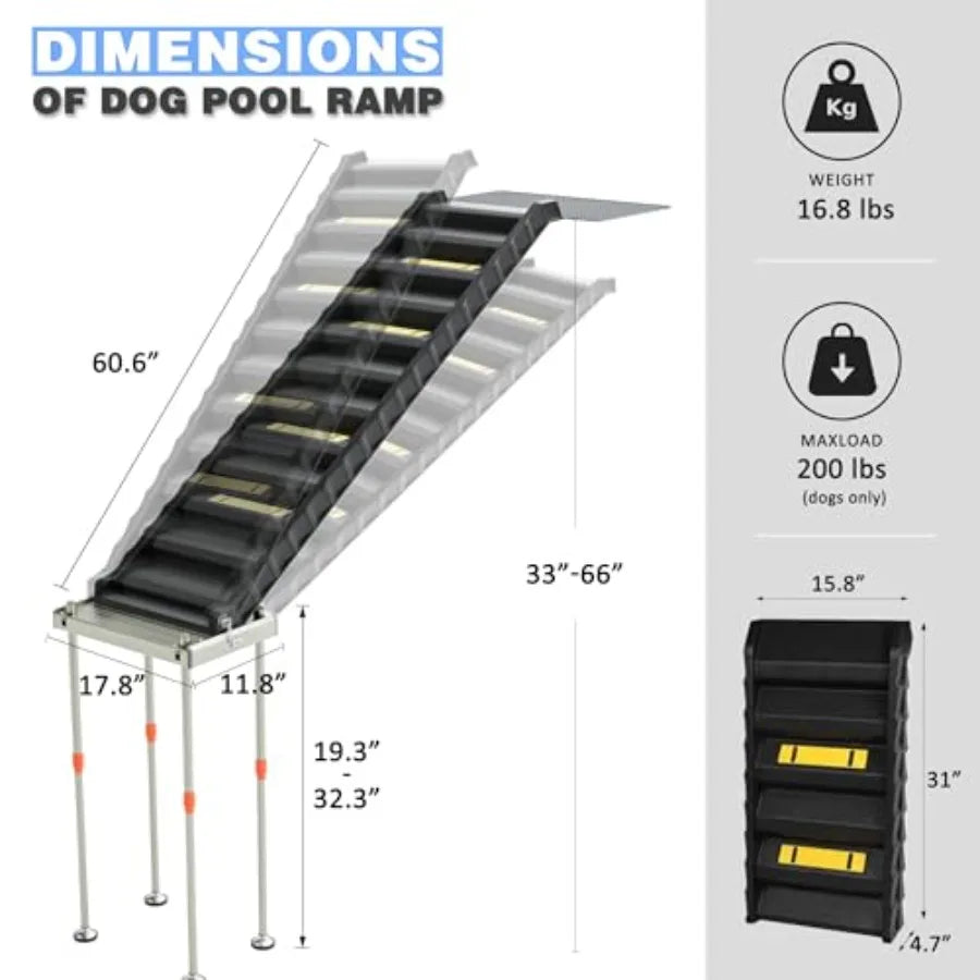 Adjustable 4-Leg Dog Pool Ramp | Quick Setup, Foldable | 200 lbs Capacity | Non-Slip
