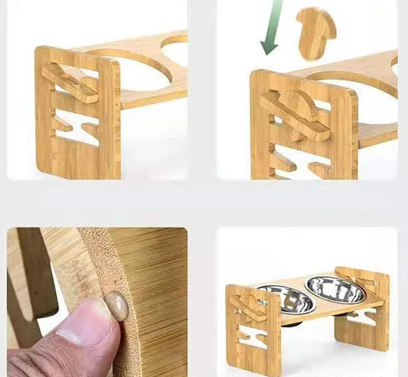 Foldable Dog Dining Table | Double Stainless Steel Bowls | Wooden Stand | Food & Water