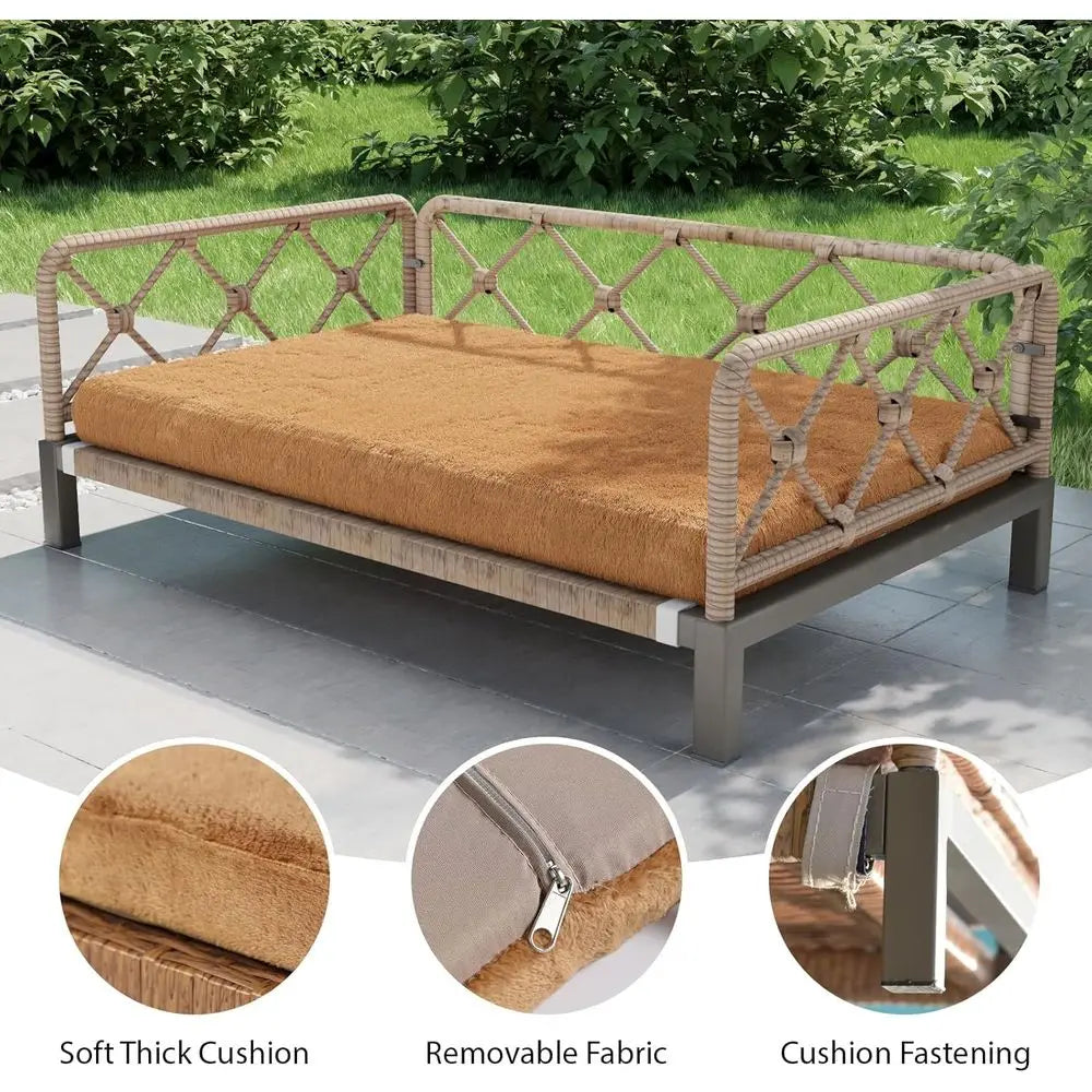 Indoor Wicker Rattan Dog Bed with Sofa & Cushion | Brown
