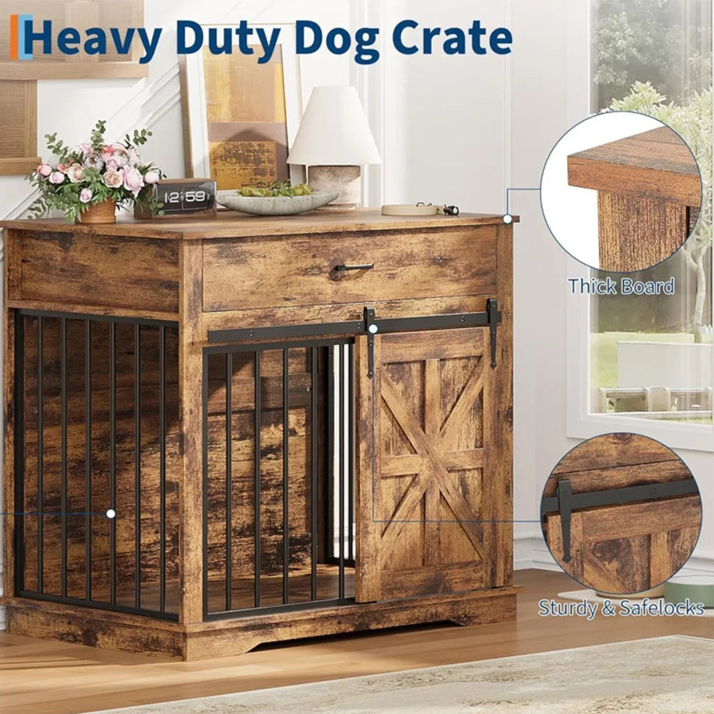Farmhouse Dog Crate End Table — 37.8" with Sliding Barn Doors & Drawer | Grey, Brown, White