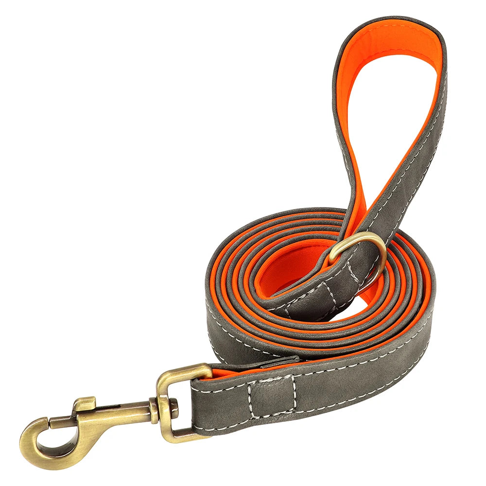 Personalized PU Leather Dog Collar & Leash Set — Soft Padded, Free Engraved Nameplate | XS–XL