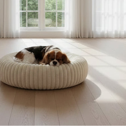 Donut Dog Bed | Faux Fur & Corduroy Fleece | Removable Cover | Anti-Slip | 30x30x8" Cream