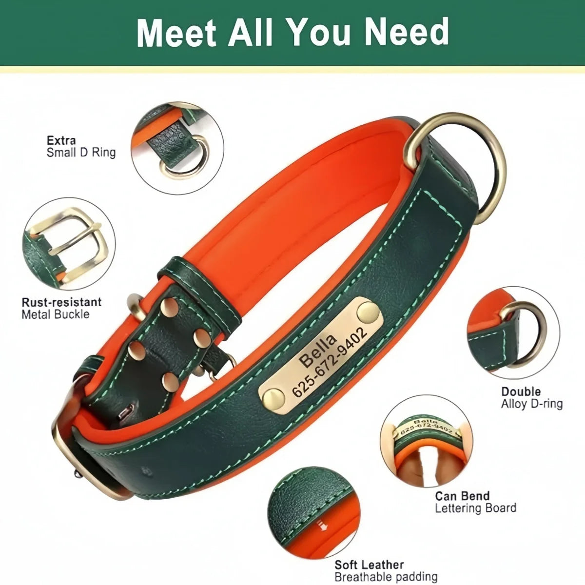 Personalized Leather Dog Collar | Free Name Engraving | Soft Padded | 9 Colors | XS–XL