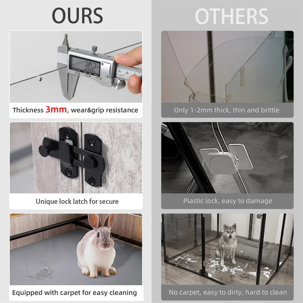Large Dog Playpen Pet Whelping Box Tempered Glass Safe Pet Puppy Dog Playpen with Pig Rails and Waterproof Mat
