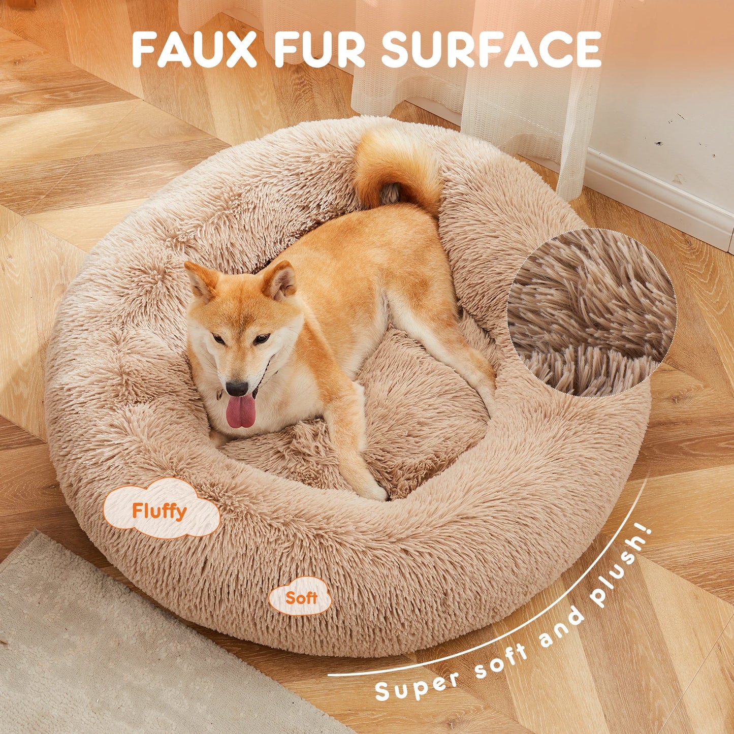 Calming Dog Bed | Round Fluffy Faux Fur | Anti-Slip | Washable | Medium to Large Dogs