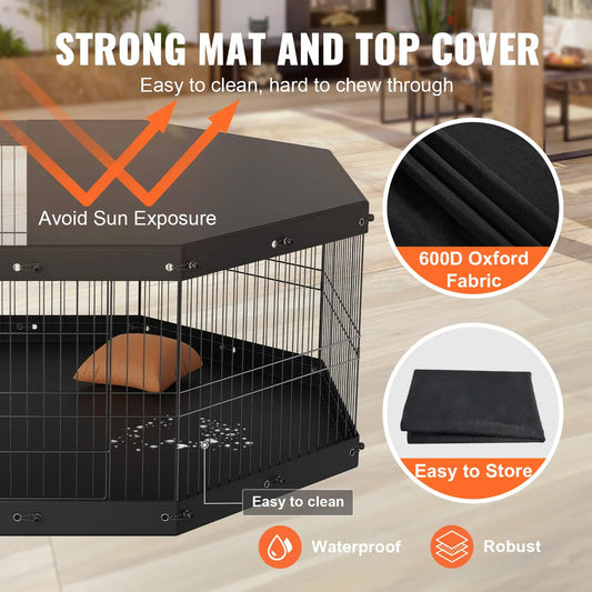 8-Panel Foldable Dog Playpen with Top Cover & Waterproof Bottom Pad — 24" H, Black