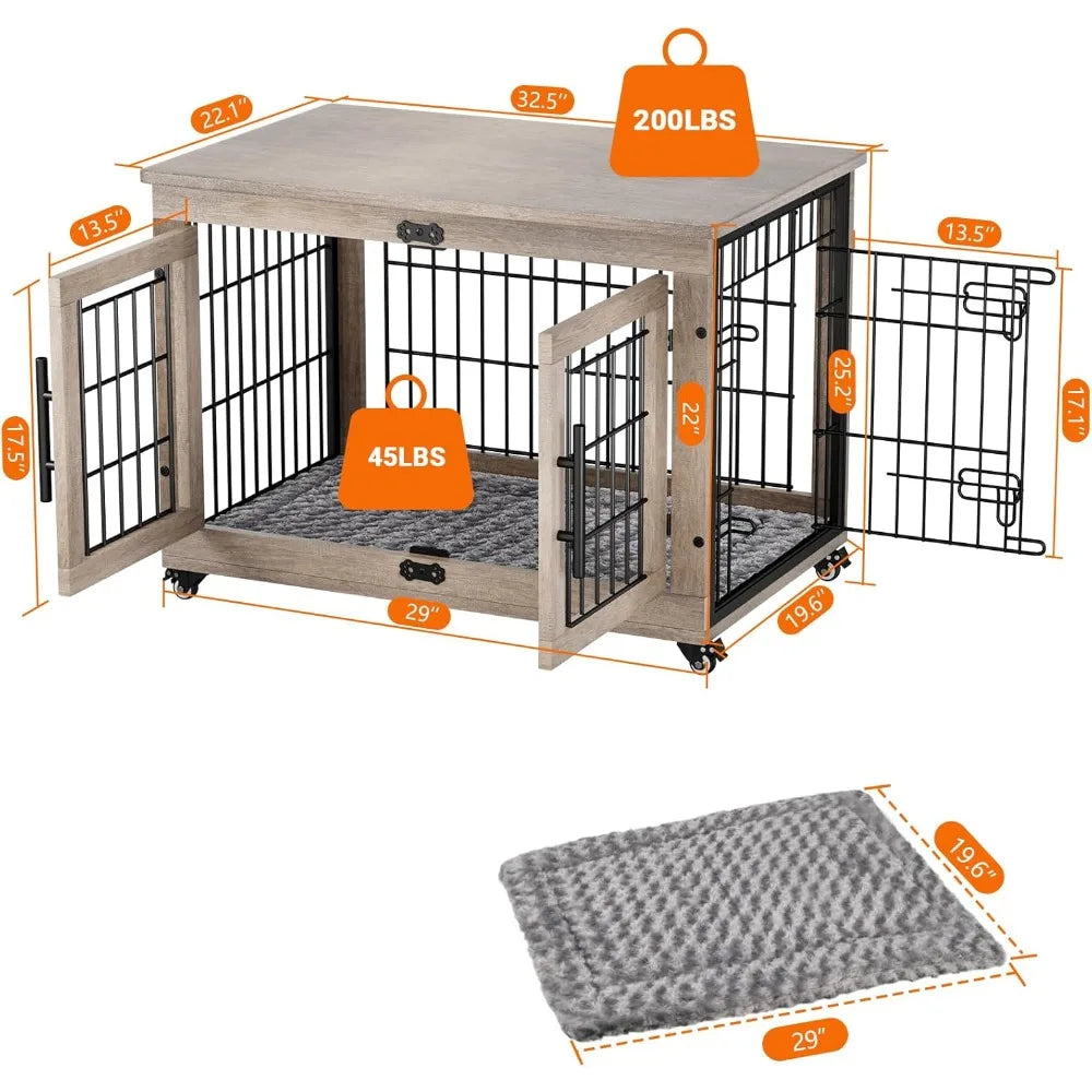 Dog Crate Furniture with Cushion, Kennel with Double Doors, Heavy Duty Cage End Table with Wheels, House，Customized