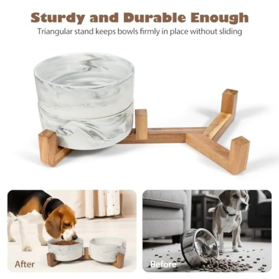 Marble Ceramic Dog Bowl Set with Wood Stand | 3.6-Cup | Food & Water | Medium Dogs