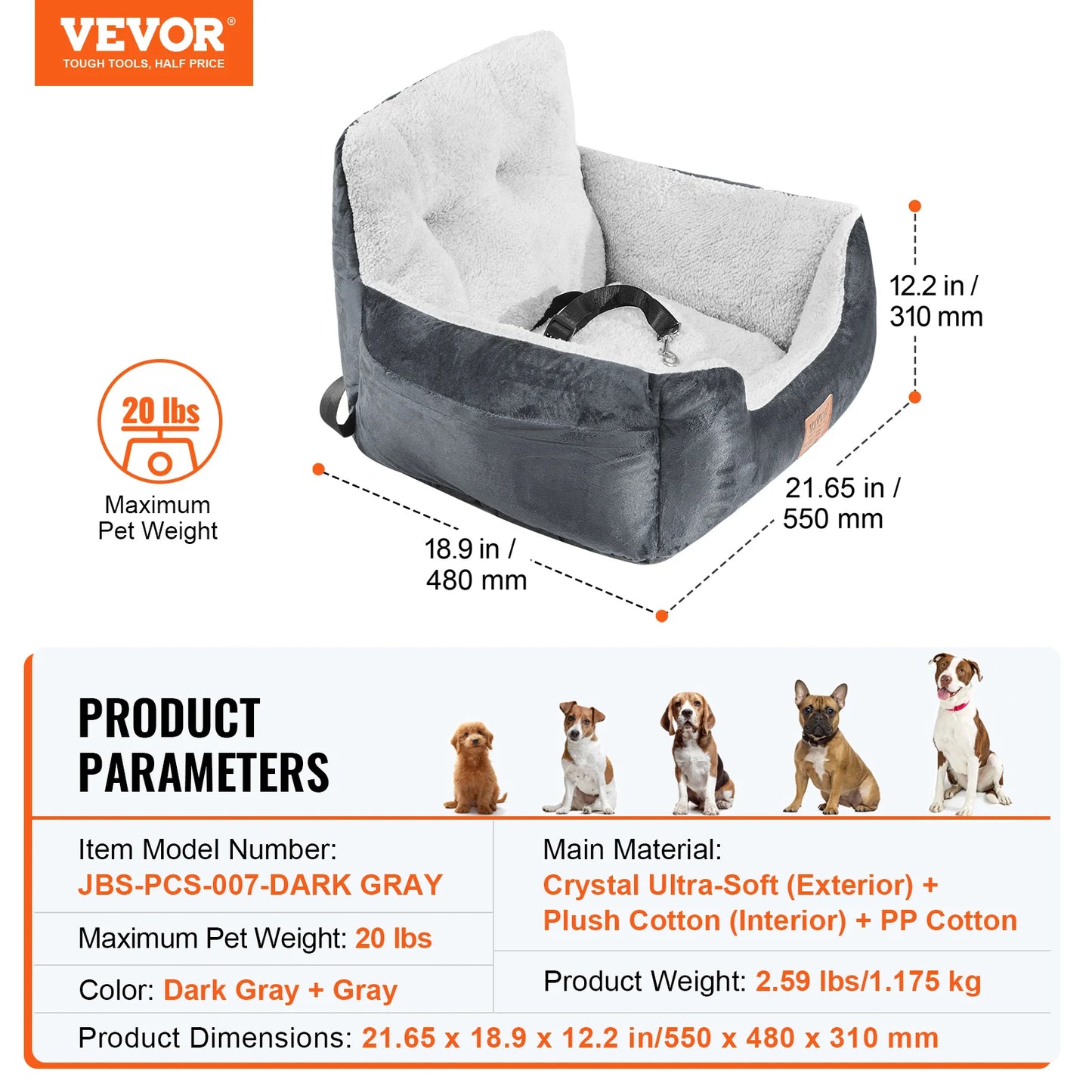 Dog Car Booster Seat | Sofa-Style | Waterproof | Clip-On Safety Leash | Up to 100lbs