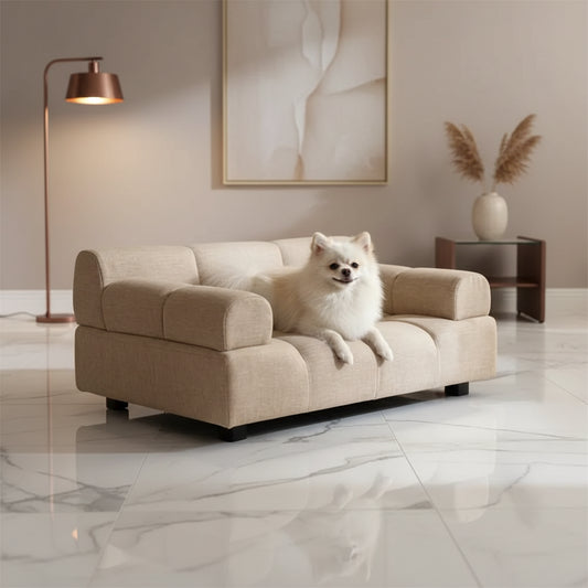 Puffer Pet Sofa Bed | Tufted Cushion & Armrest | Stylish Indoor Dog Furniture | Sand