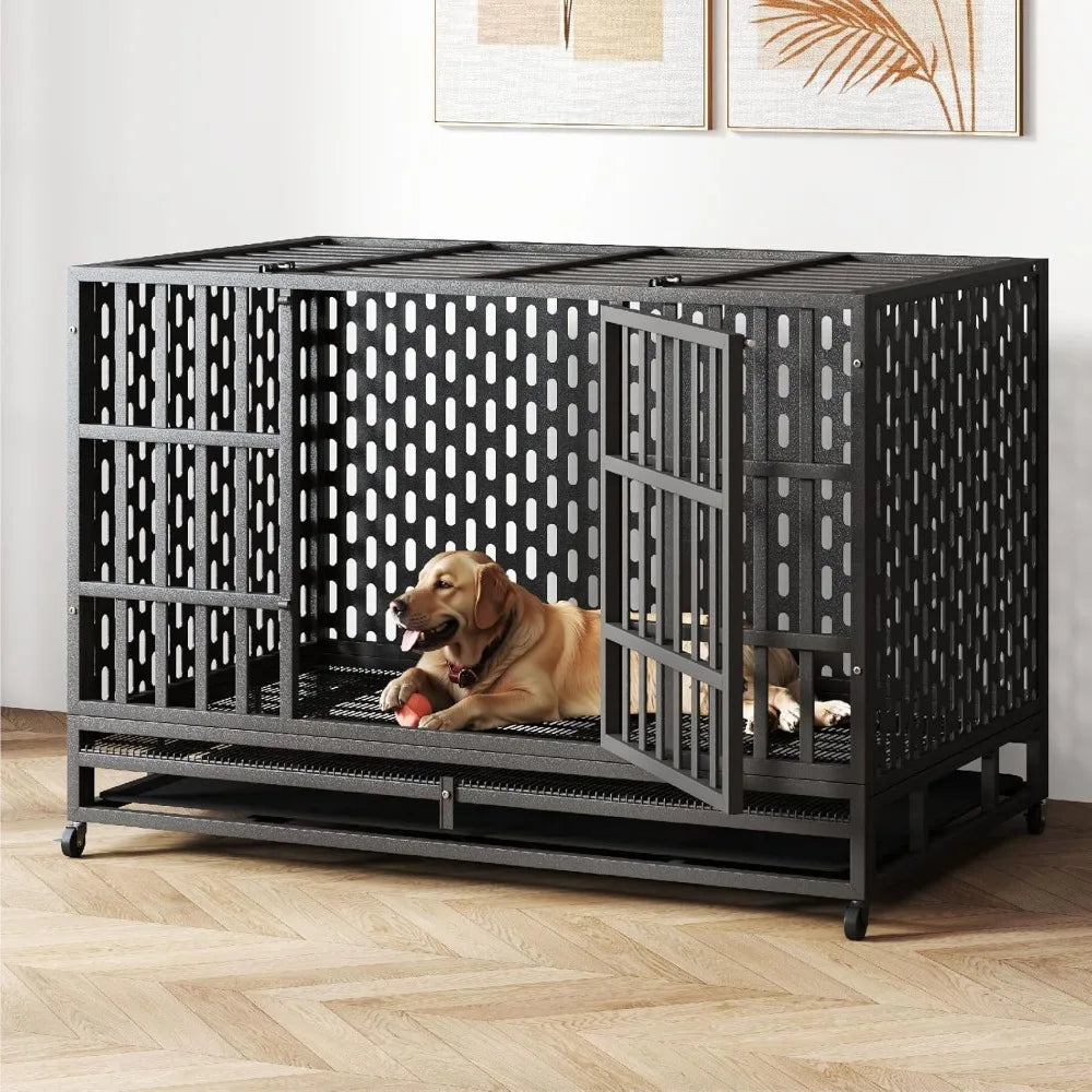 48 Inch Heavy Duty Indestructible Dog Crate Steel Escape Proof, Indoor Double Door High Cage, Kennel with Wheels,，Customized