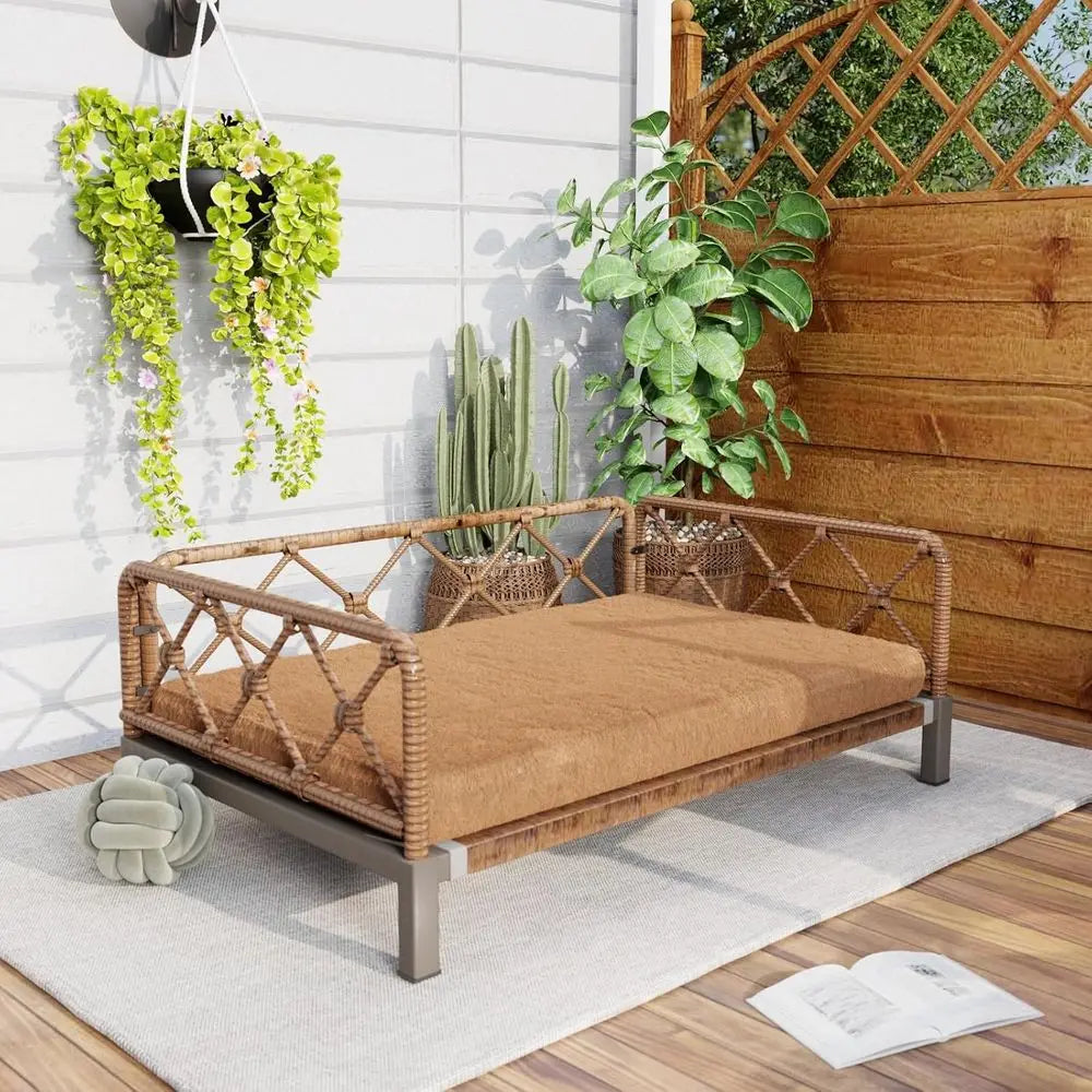 Indoor Wicker Rattan Dog Bed with Sofa & Cushion | Brown