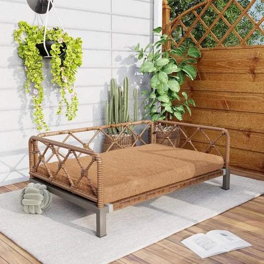 Indoor Wicker Rattan Dog Bed with Sofa & Cushion | Brown