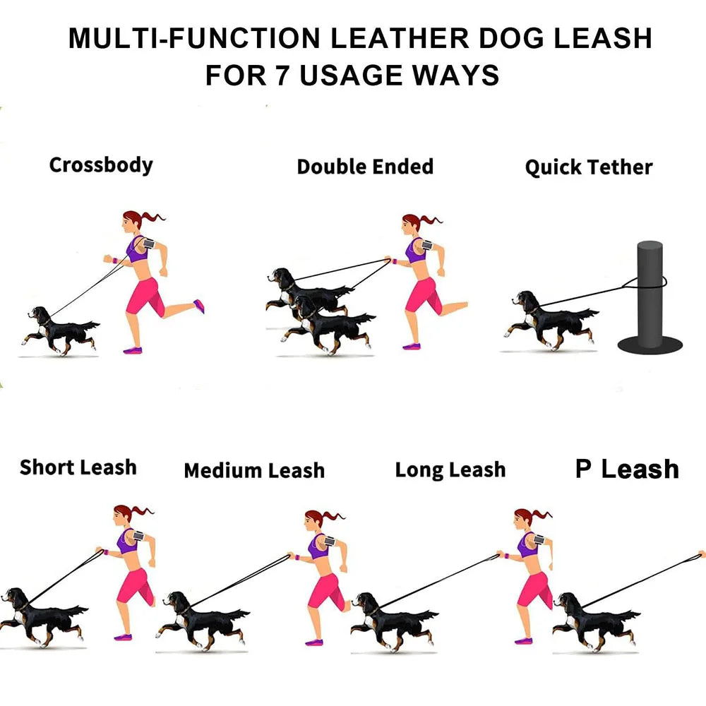 6-Way Multifunctional Leather Dog Leash | 8ft Hands-Free | Adjustable Slip Lead | Medium & Large Dogs