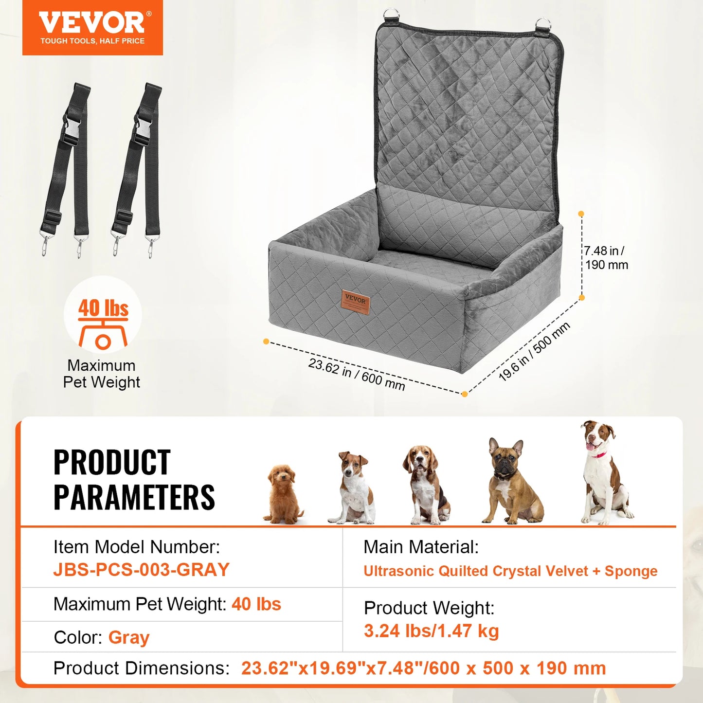 Dog Car Booster Seat | Sofa-Style | Waterproof | Clip-On Safety Leash | Up to 100lbs