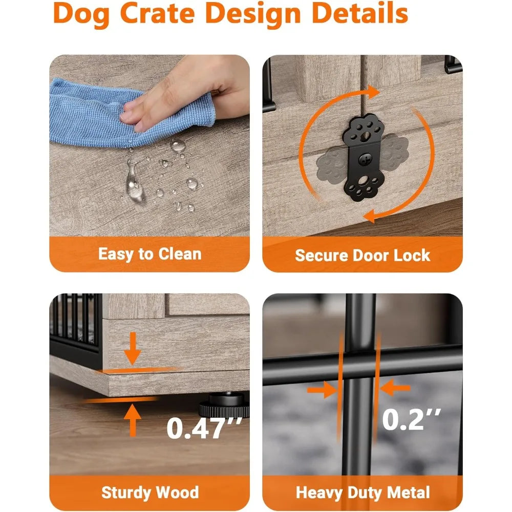Dog Crate Furniture with Cushion, Kennel with Double Doors, Heavy Duty Cage End Table with Wheels, House，Customized